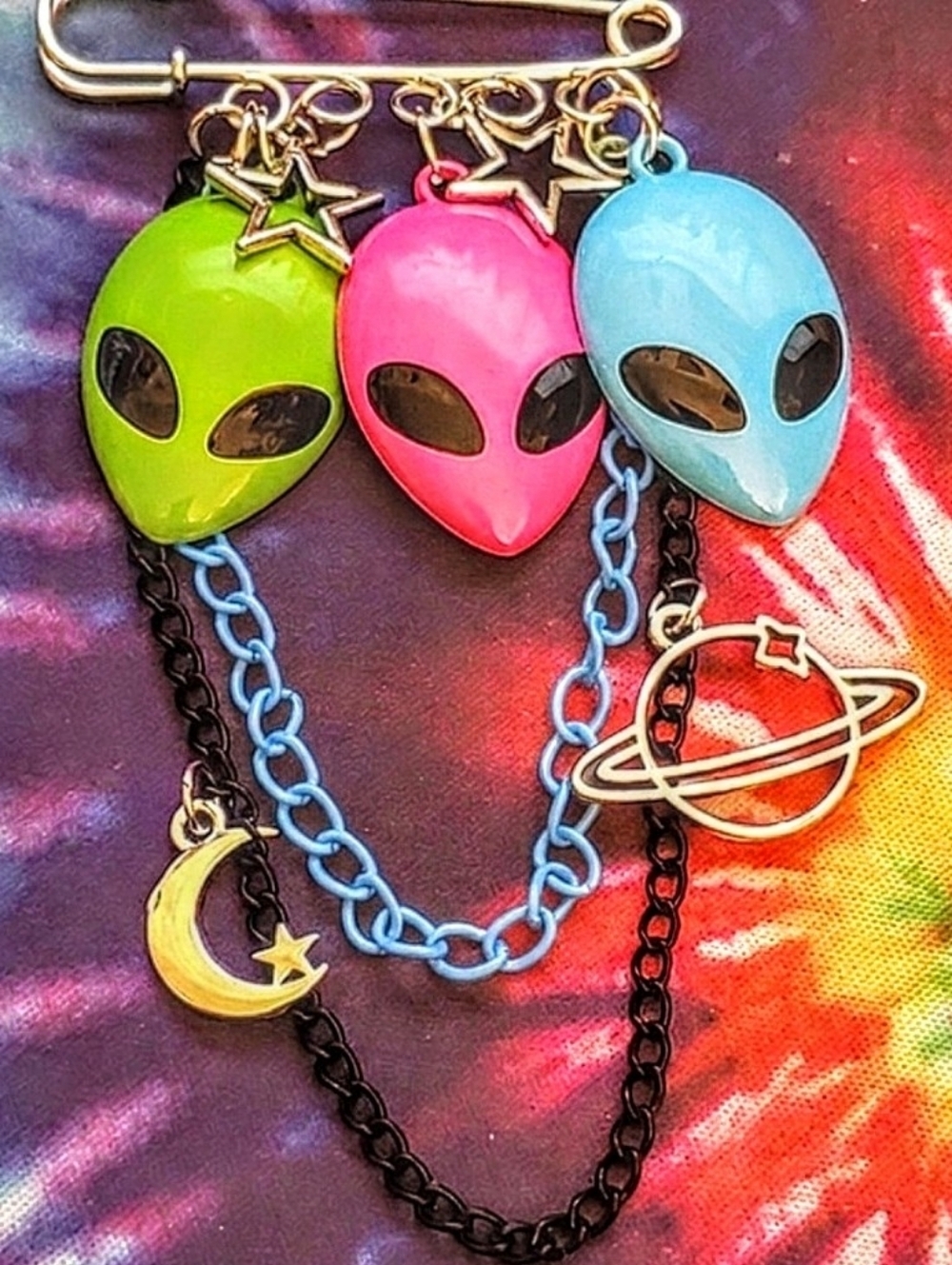Handmade Neon Pink Green Blue Celestial Alien Charm Safety Pin Brooch